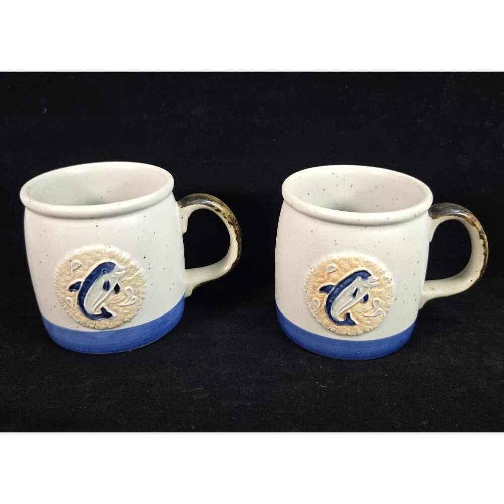 Dolphin Stoneware Mugs Pair Nautical Ocean Cottage Fishcore